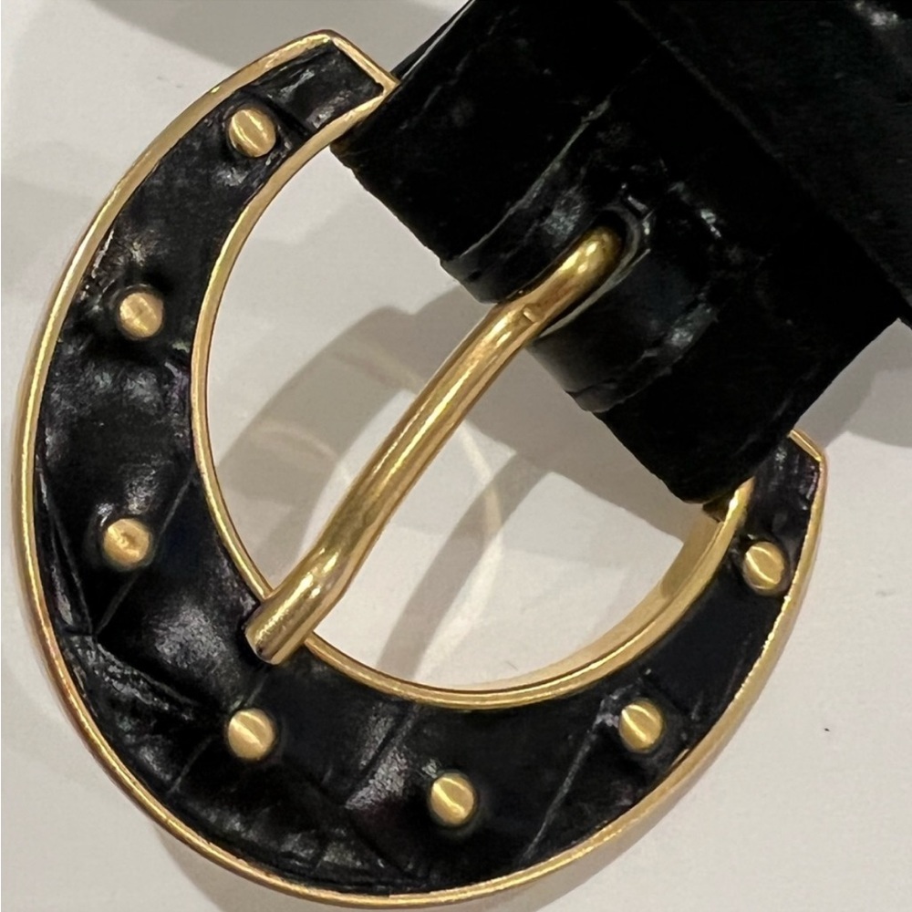 Vintage Carlisle Black Croc on Suede Belt Gold Ornamental Buckle Large And M - Picture 3 of 9